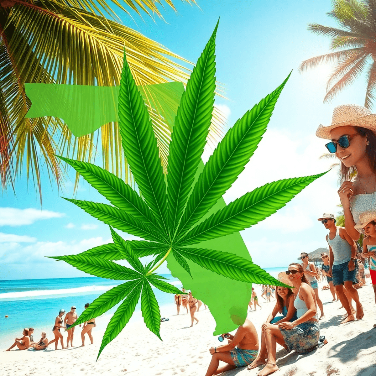 Sunny Florida beach with palm trees subtly blending cannabis leaves, tourists enjoying activities, evoking a relaxed and responsible cannabis tourism vibe.