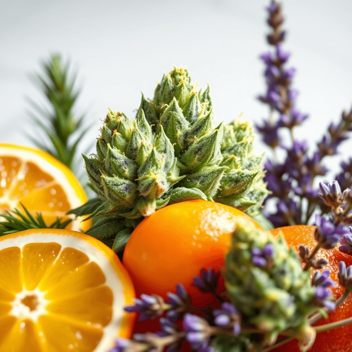 Close-up of vibrant cannabis buds with trichomes, surrounded by citrus fruits, pine needles, and lavender flowers on a neutral background, highlighting natural wellness.