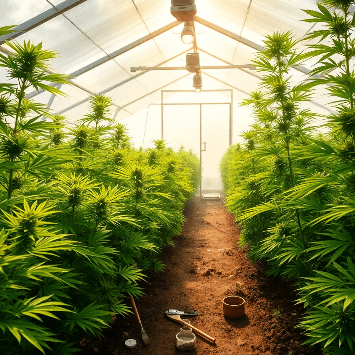 Sunlit greenhouse with thriving cannabis plants, organic soil, gardening tools, and warm misty atmosphere in a tropical setting.